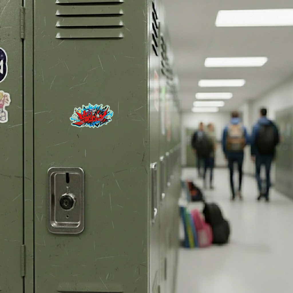 DanDaDan Title Logo ✦ B-Side Label Sticker on locker — Shopify Medium PhotoRoom template, orientation corrected from verified original photograph