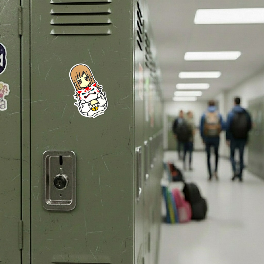Cute Girl Holding Oinari ✦ B-Side Label Sticker on a school locker