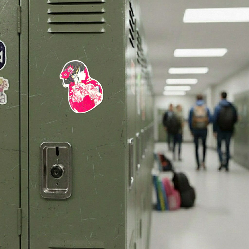 Beautiful Kimono Girl ✦ B-Side Label Sticker on a school locker