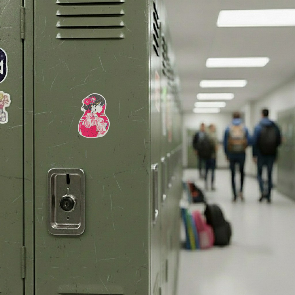 Beautiful Kimono Girl ✦ B-Side Label Sticker on locker — Shopify Medium PhotoRoom template, orientation corrected from verified original photograph