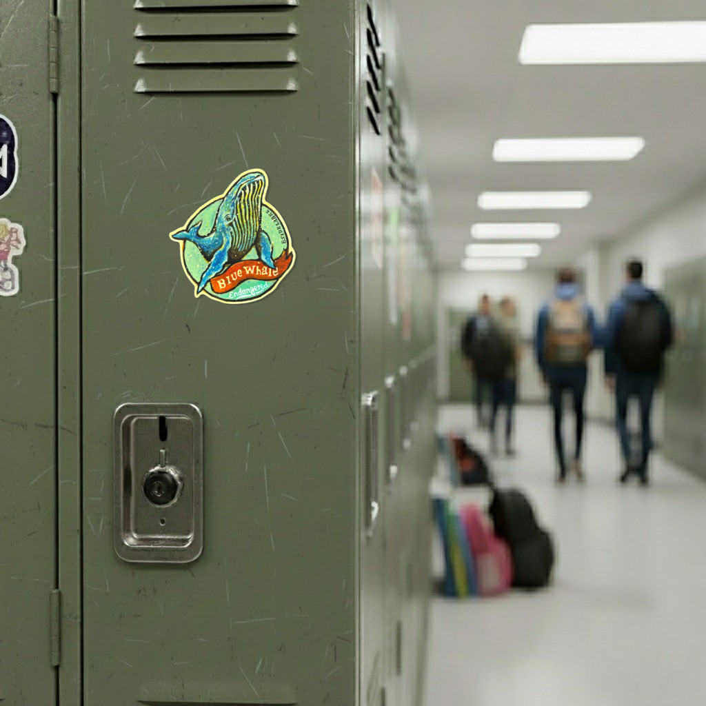 Blue Whale Endangered ✦ B-Side Label Sticker on locker — Shopify Medium PhotoRoom template, orientation corrected from verified original photograph