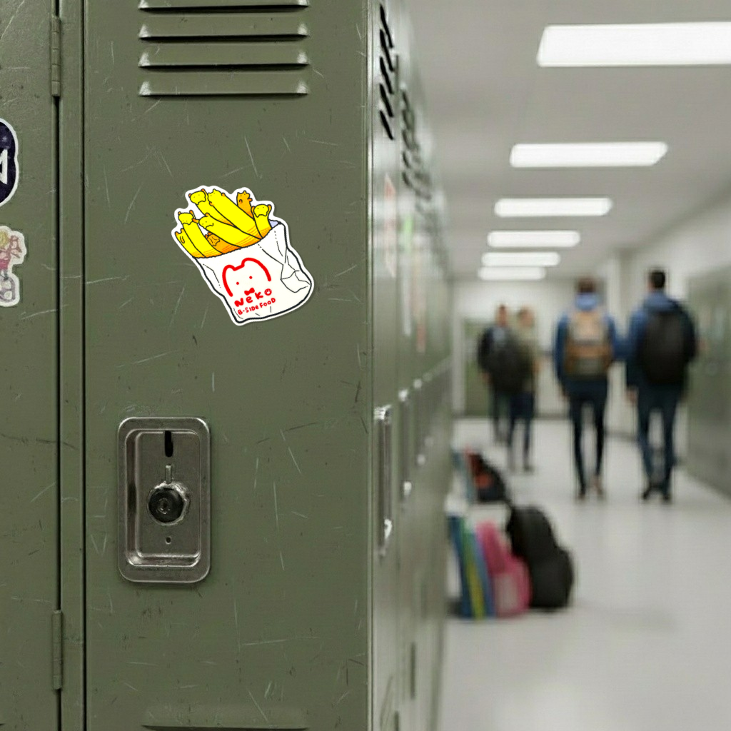 Kitten French Fries ✦ B-Side Label Sticker on a school locker