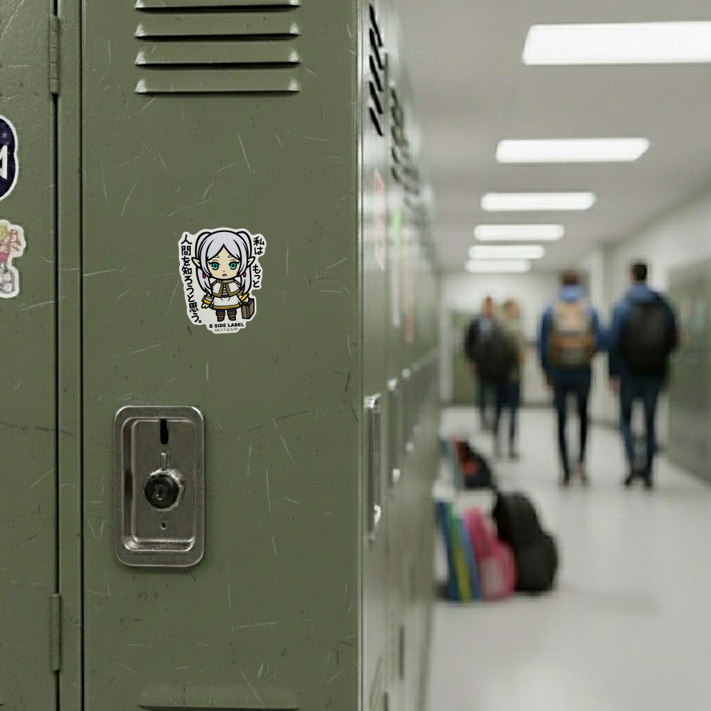 Frieren Beyond Journey's End Frieren ✦ B-Side Label Sticker — locker scene using the Shopify PhotoRoom template and original photograph