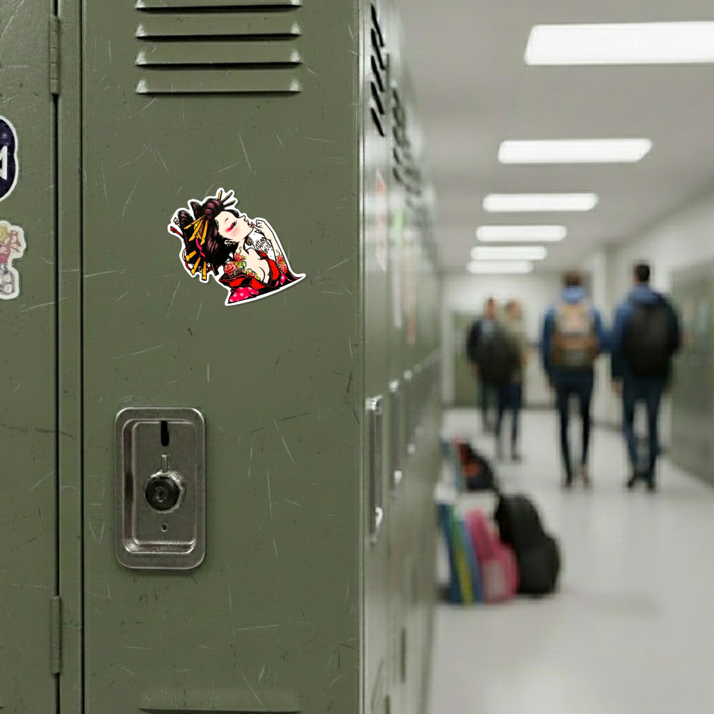 Kimono Tattooed Woman ✦ B-Side Label Sticker on a school locker
