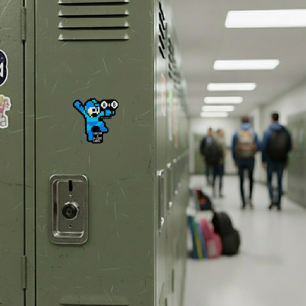 Mega Man Rockman 8-Bit ✦ B-Side Label Sticker — locker scene using the Shopify PhotoRoom template and original photograph