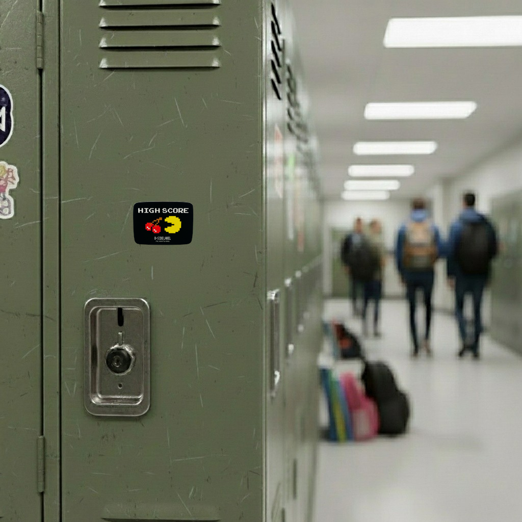 Pac Man High Score ✦ B-Side Label Sticker on locker — Shopify Medium template, original photograph, mask corrected in PhotoRoom