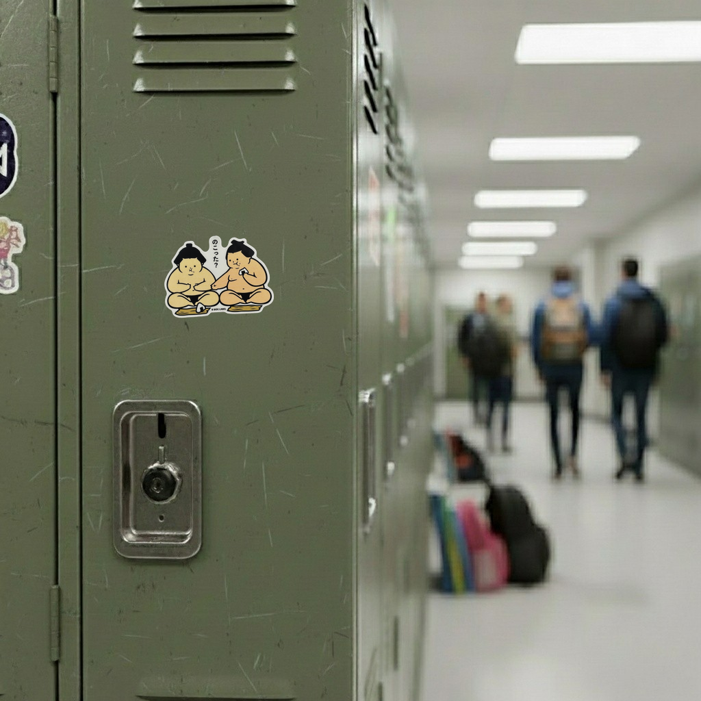 Sumo Wrestlers Sharing Rice Balls ✦ B-Side Label Sticker — locker scene using the Shopify PhotoRoom template and original photograph