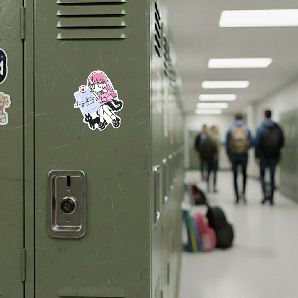 Cute Girl in Pink & Cat - Love ✦ B-Side Label Sticker on a school locker