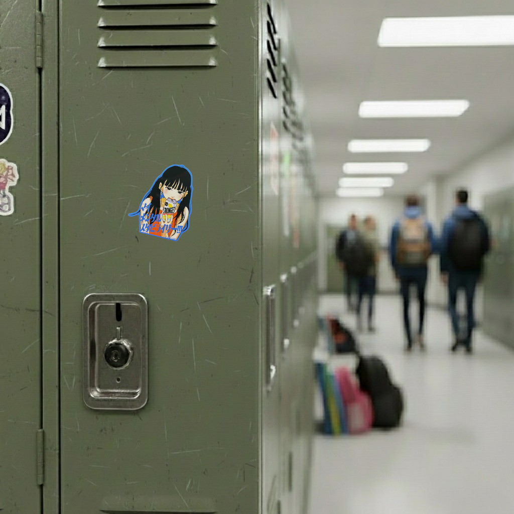 Cute Girl Strong Drink ✦ B-Side Label Sticker — locker scene using the Shopify PhotoRoom template and original photograph