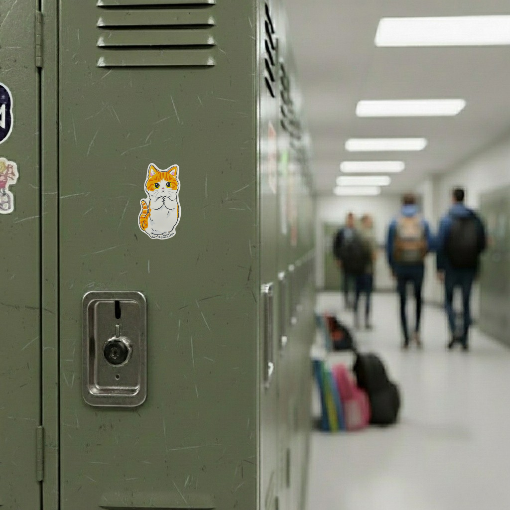 Brown Begging Kitten ✦ B-Side Label Sticker — locker scene using the Shopify PhotoRoom template and visually verified original photograph