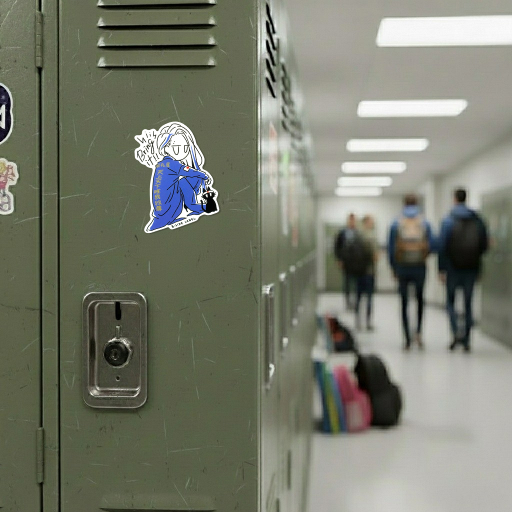 Biker Gang Girl & Kitten ✦ B-Side Label Sticker on a school locker