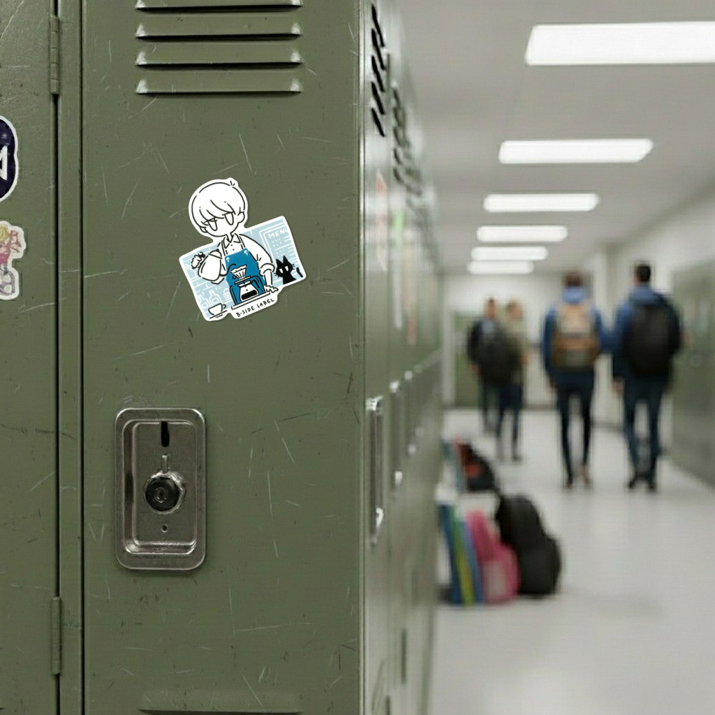 Coffee Barista & Cat ✦ B-Side Label Sticker — locker scene using the Shopify PhotoRoom template and original photograph