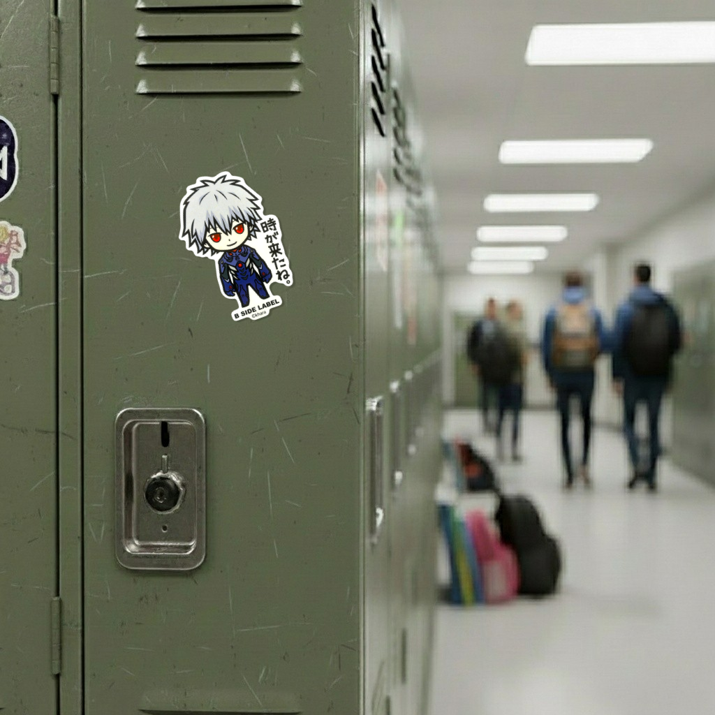 Evangelion Nagisa Kaworu ✦ B-Side Label Sticker on a school locker