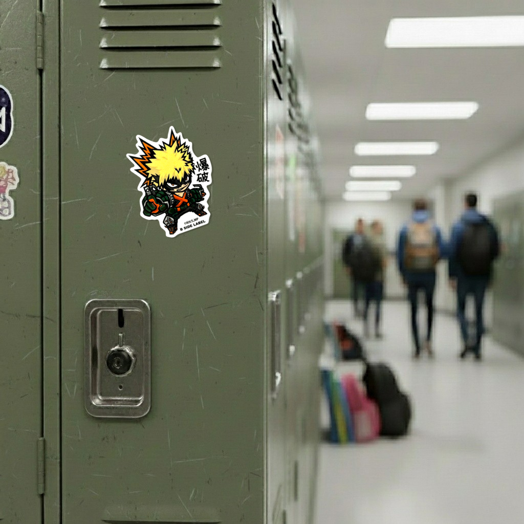 My Hero Academia Bakugo Katsuki ✦ B-Side Label Sticker on a school locker