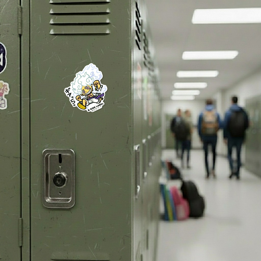 One Piece Luffy Gear 5 ✦ B-Side Label Sticker on a school locker