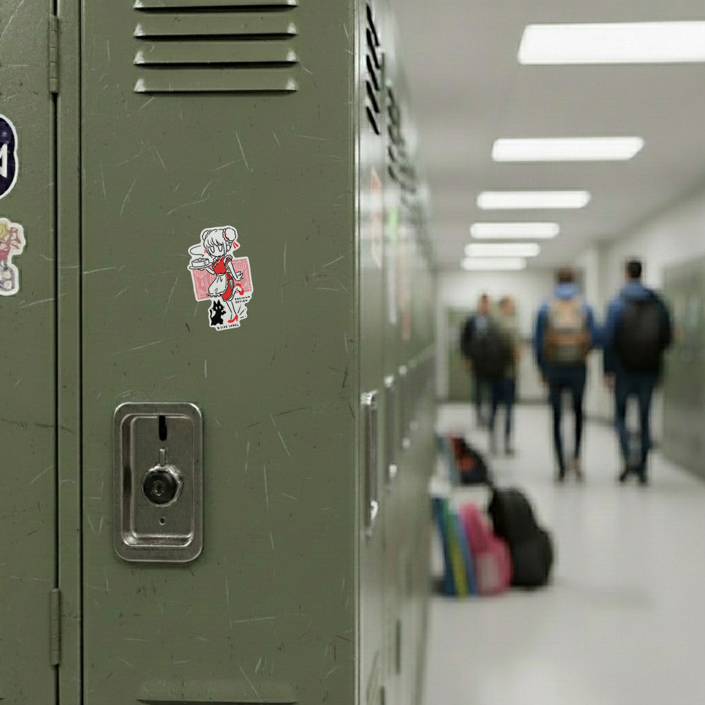 Waitress & Cute Kitten ✦ B-Side Label Sticker — locker scene using the Shopify PhotoRoom template and original photograph