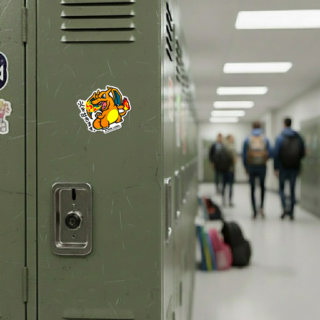 Pokémon Charizard ✦ B-Side Label Sticker on a school locker