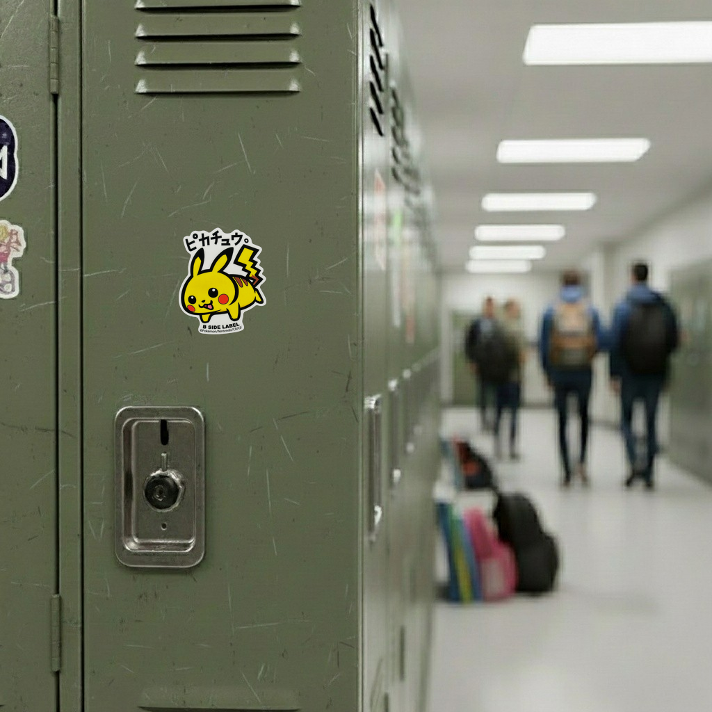 Pokémon Pikachu ✦ B-Side Label Sticker — locker scene using the Shopify PhotoRoom template and original photograph