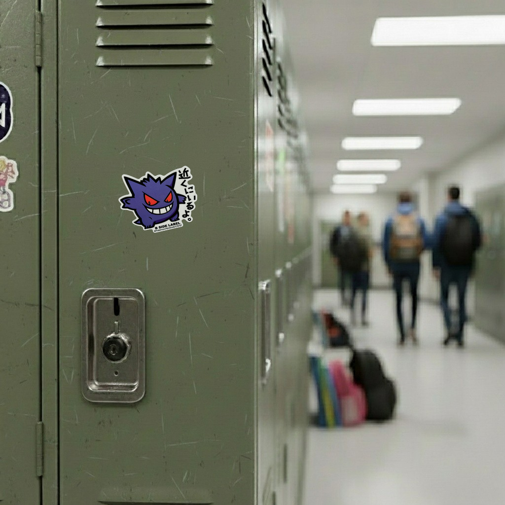 Pokémon Gengar ✦ B-Side Label Sticker — locker scene using the Shopify PhotoRoom template and original photograph
