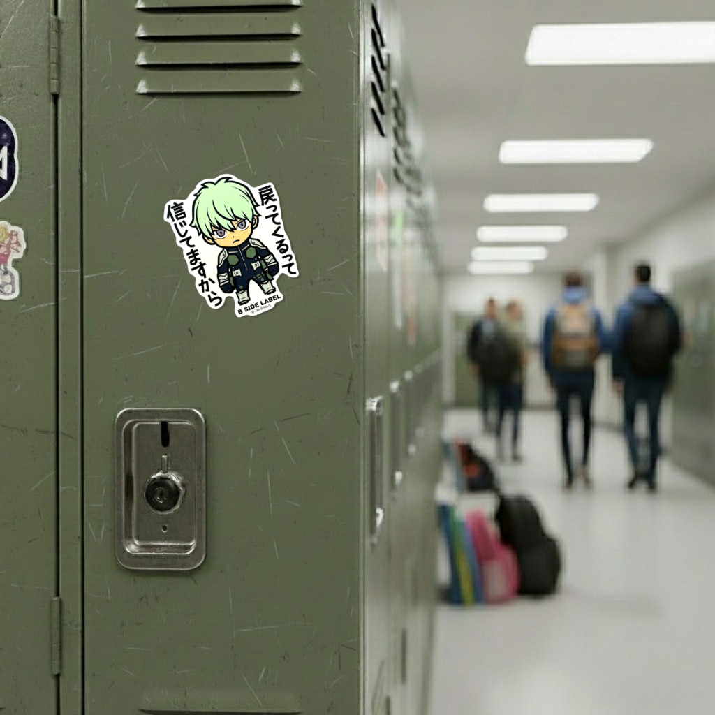 Kaiju No. 8 Ichikawa Reno ✦ B-Side Label Sticker on a school locker