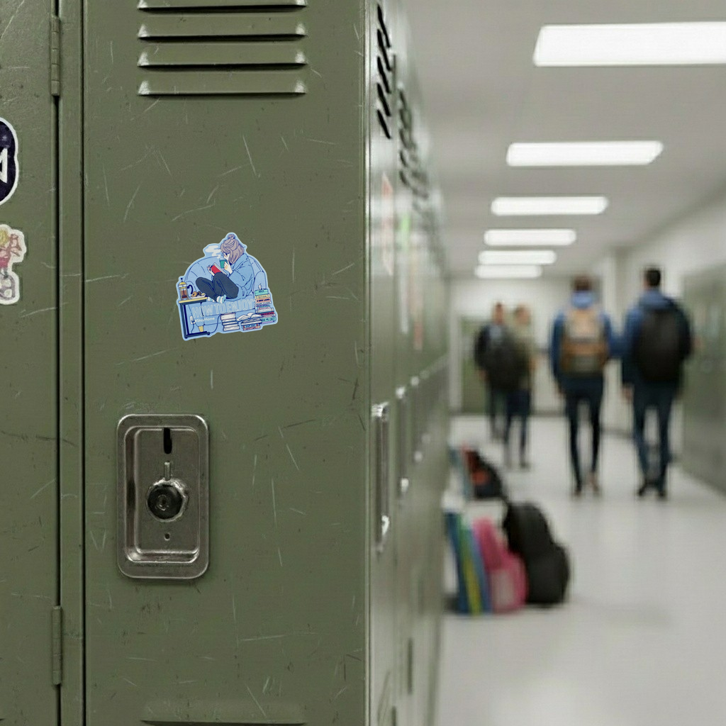 Stay Home Read Book Girl ✦ B-Side Label Sticker — locker scene using the Shopify PhotoRoom template and original photograph