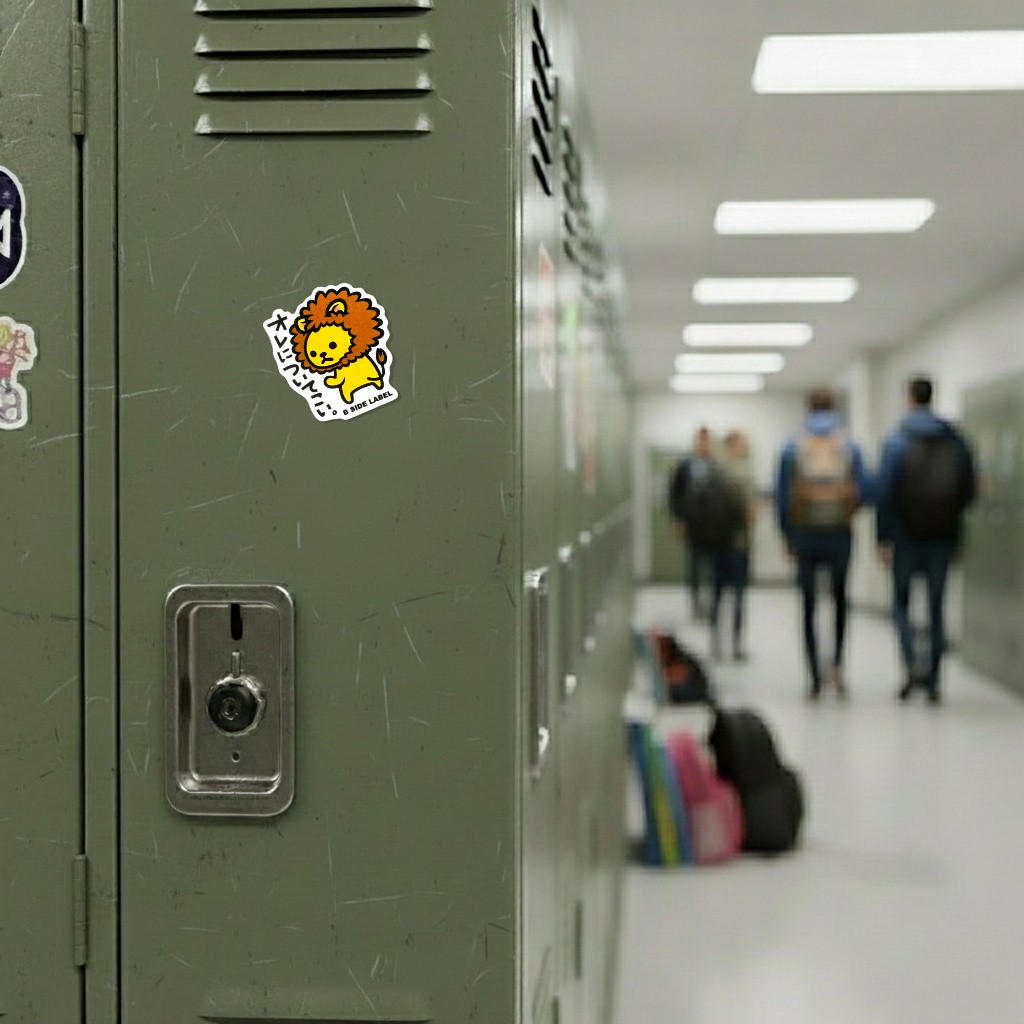 Cute Baby Lion ✦ B-Side Label Sticker on a school locker