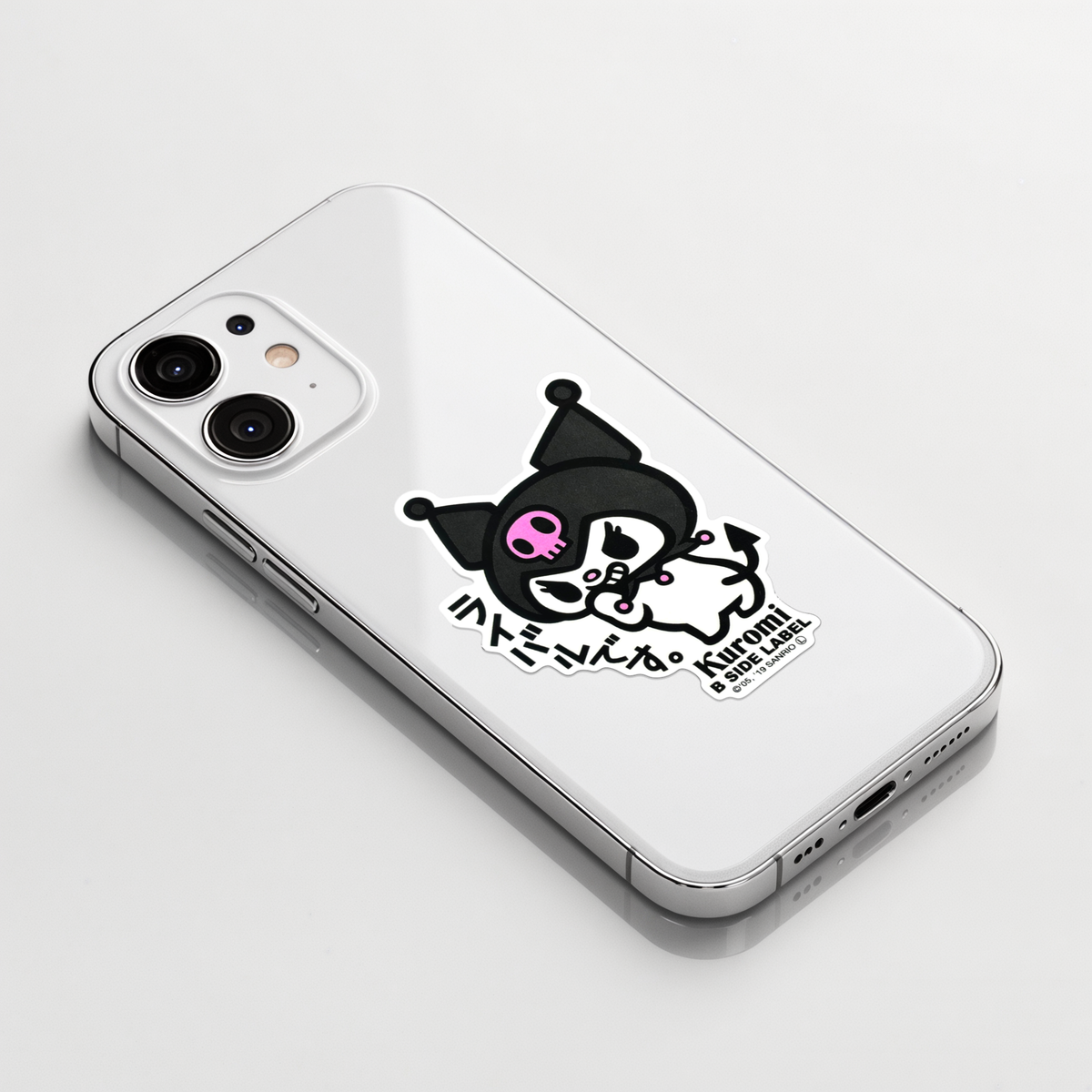 Sanrio Kuromi Rival  ✦ B-Side Label Sticker on a white iPhone