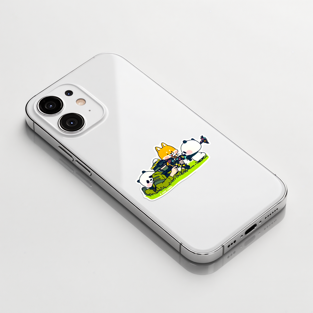 Pandas Fox Soldier Rifle ✦ B-Side Label Sticker on a white iPhone