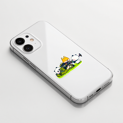 Pandas Fox Soldier Rifle ✦ B-Side Label Sticker on a white iPhone