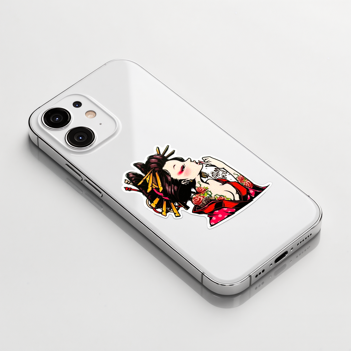 Kimono Tattooed Woman ✦ B-Side Label Sticker on a white iPhone
