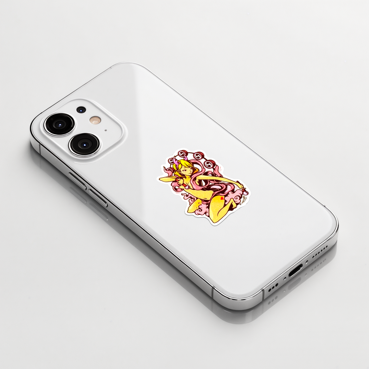 Pink Ribbon Raijin ✦ B-Side Label Sticker on a white iPhone
