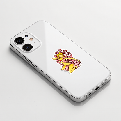 Pink Ribbon Raijin ✦ B-Side Label Sticker on a white iPhone