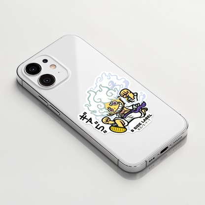 One Piece Luffy Gear 5 ✦ B-Side Label Sticker on a white iPhone