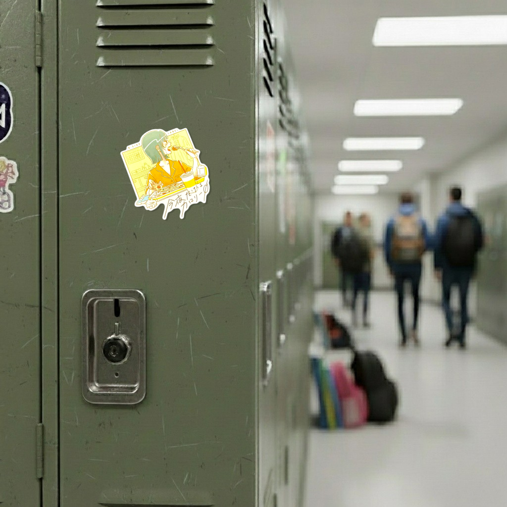Late Night Snack Girl ✦ B-Side Label Sticker on a school locker
