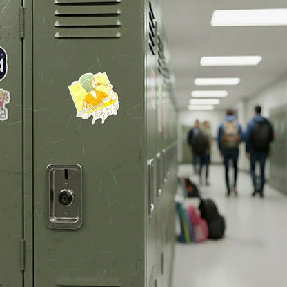 Late Night Snack Girl ✦ B-Side Label Sticker on a school locker