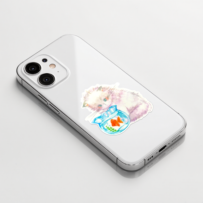 Cute Cat and Goldfish ✦ B-Side Label Sticker on a white iPhone
