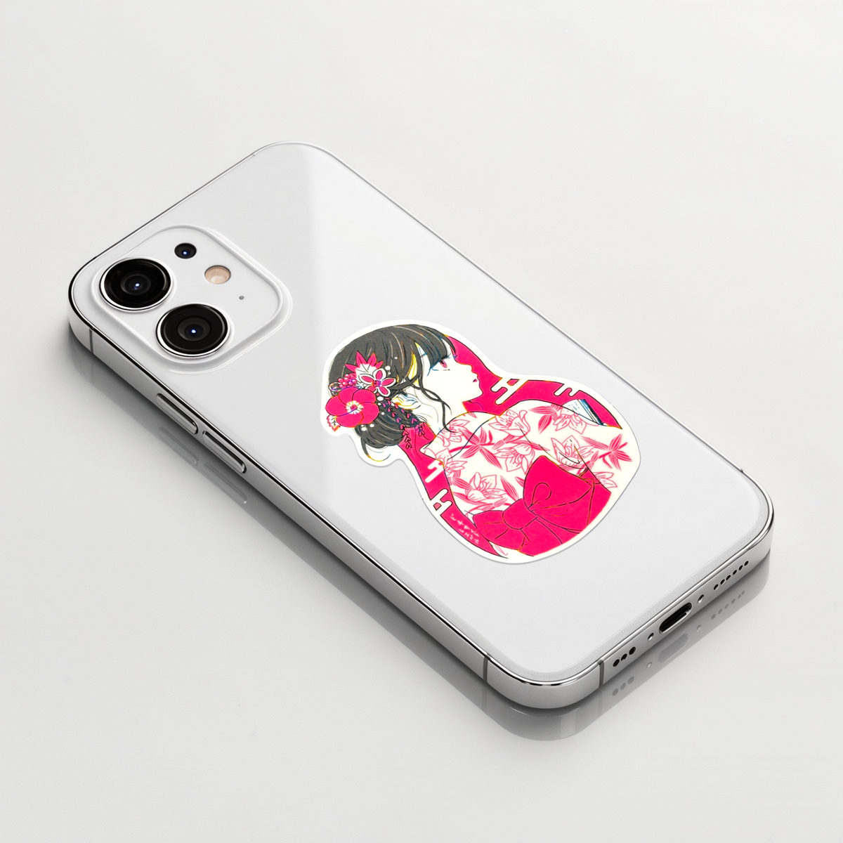 Beautiful Kimono Girl ✦ B-Side Label Sticker on a white iPhone