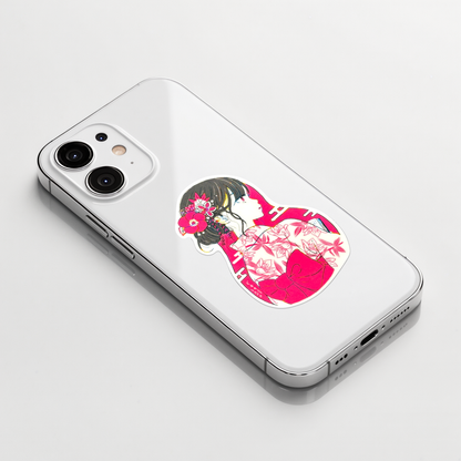 Beautiful Kimono Girl ✦ B-Side Label Sticker on a white iPhone
