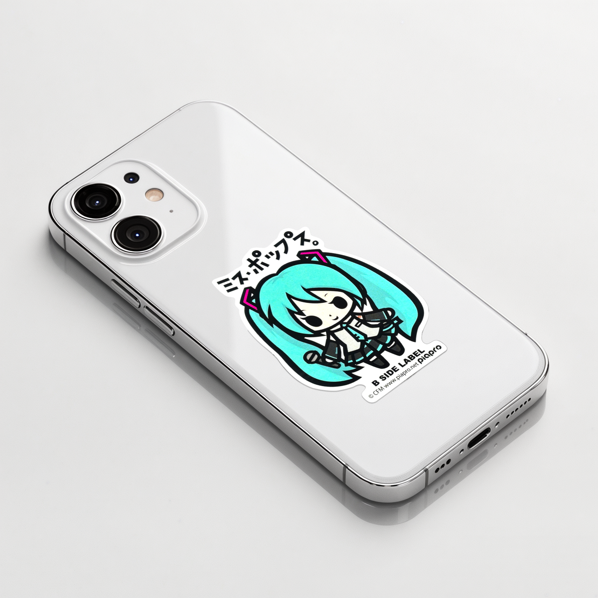 Hatsune Miku CV01 Vocaloid ✦ B-Side Label Sticker on a white iPhone