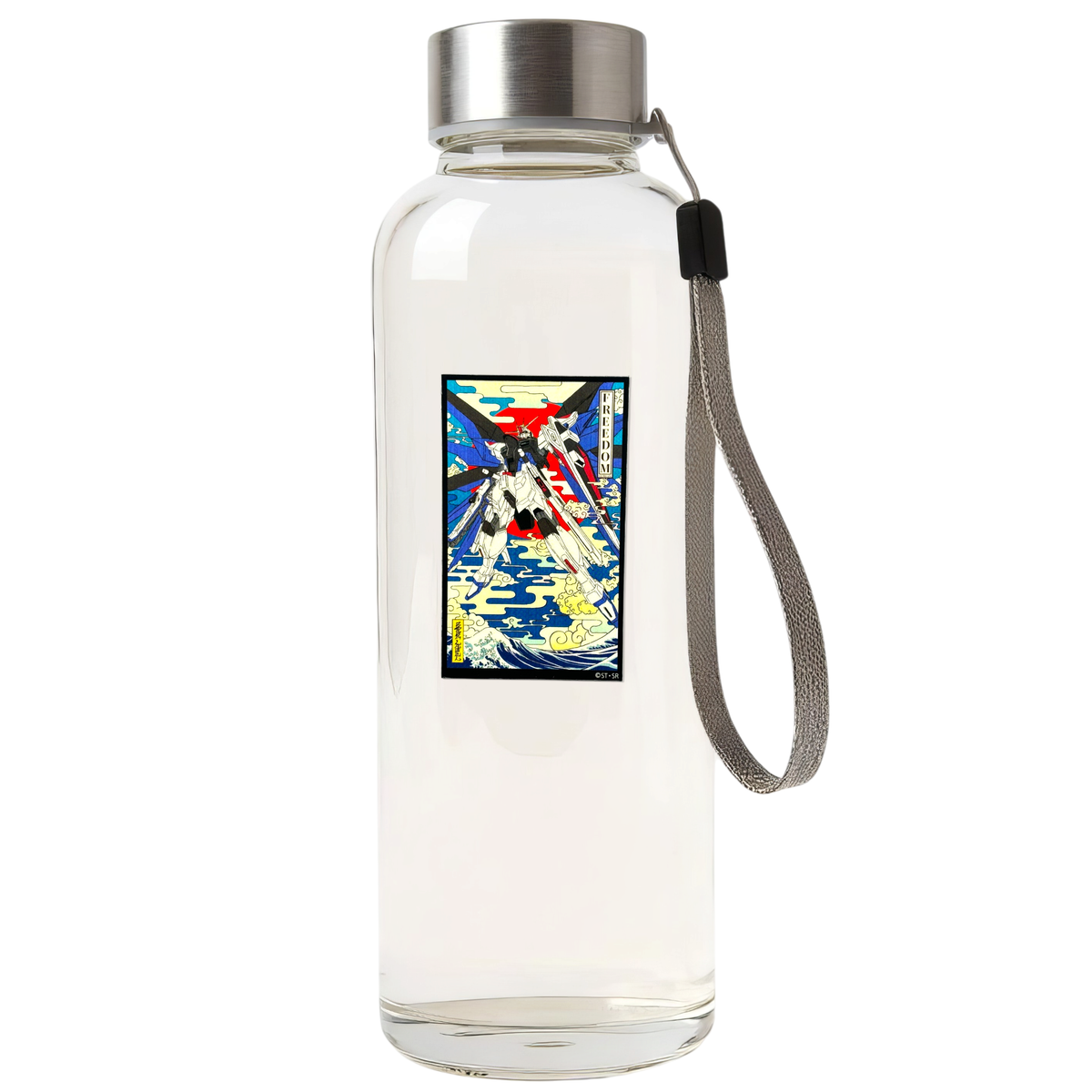 Gundam SEED Freedom Gundam ✦ B-Side Label Sticker on a white water bottle