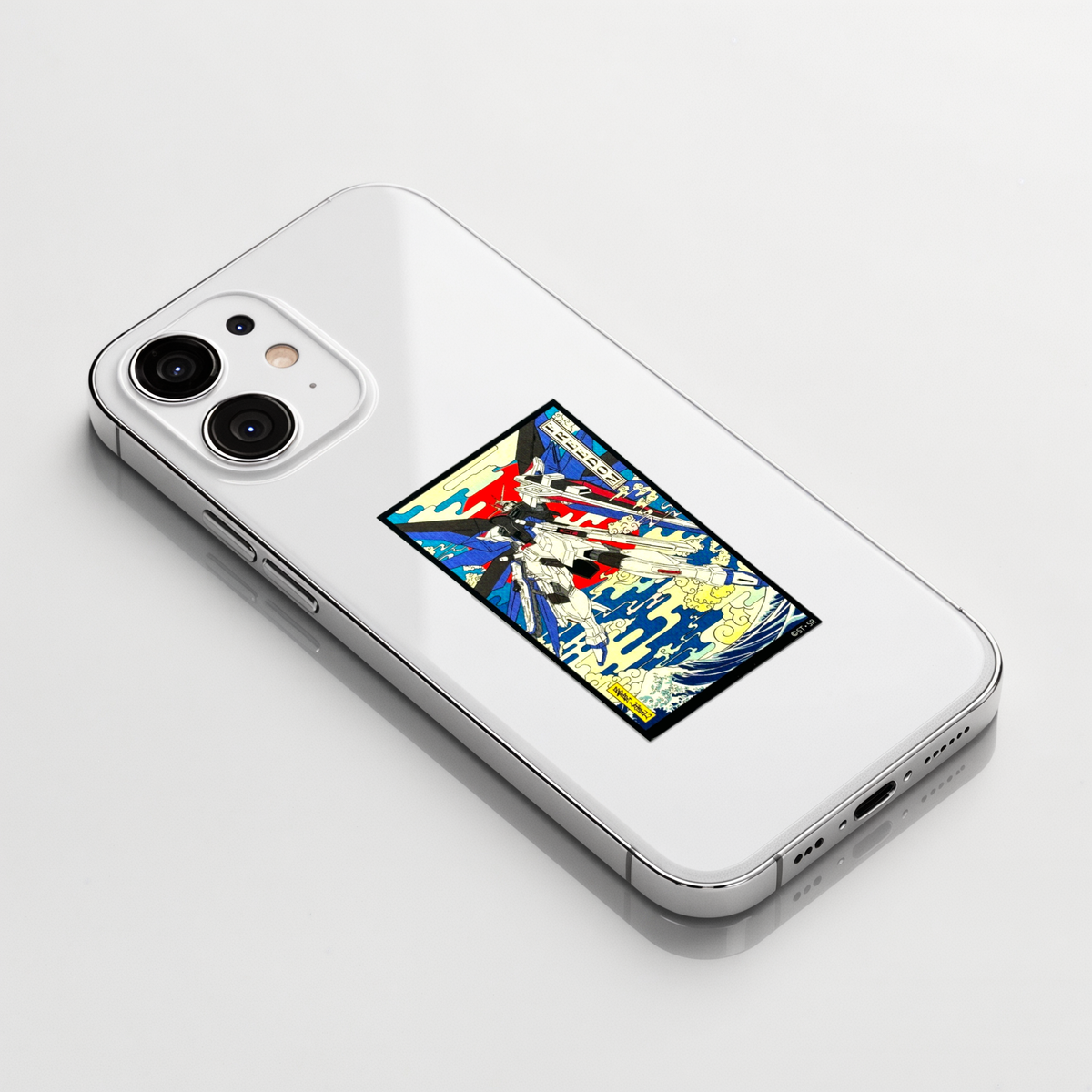 Gundam SEED Freedom Gundam ✦ B-Side Label Sticker on a white iPhone