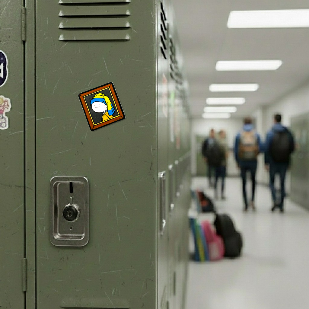 Girl Pearl Earring Portrait ✦ B-Side Label Sticker on a school locker