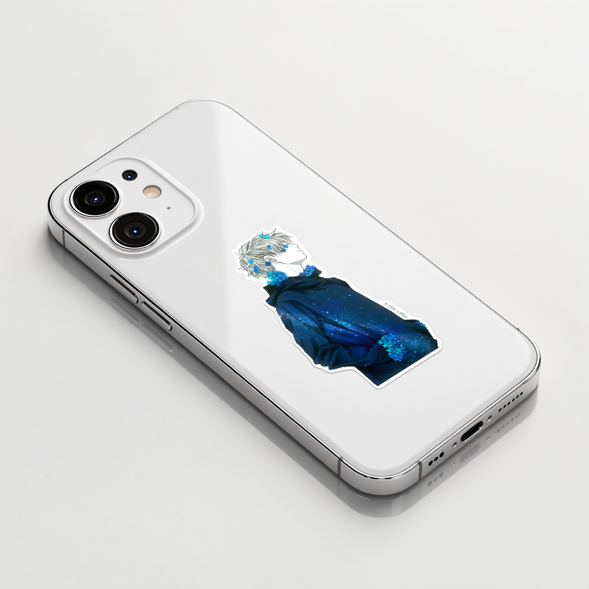 Stylish Hoodie Boy Blue ✦ B-Side Label Sticker on a white iPhone