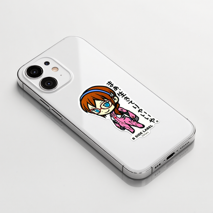 Evangelion Makinami Mari ✦ B-Side Label Sticker on a white iPhone