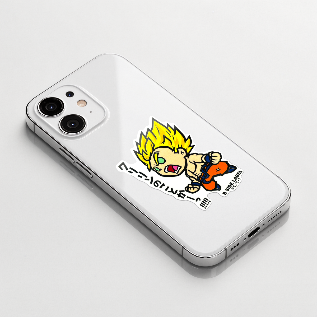 Dragon Ball Z - SS Goku ✦ B-Side Label Sticker on a white iPhone