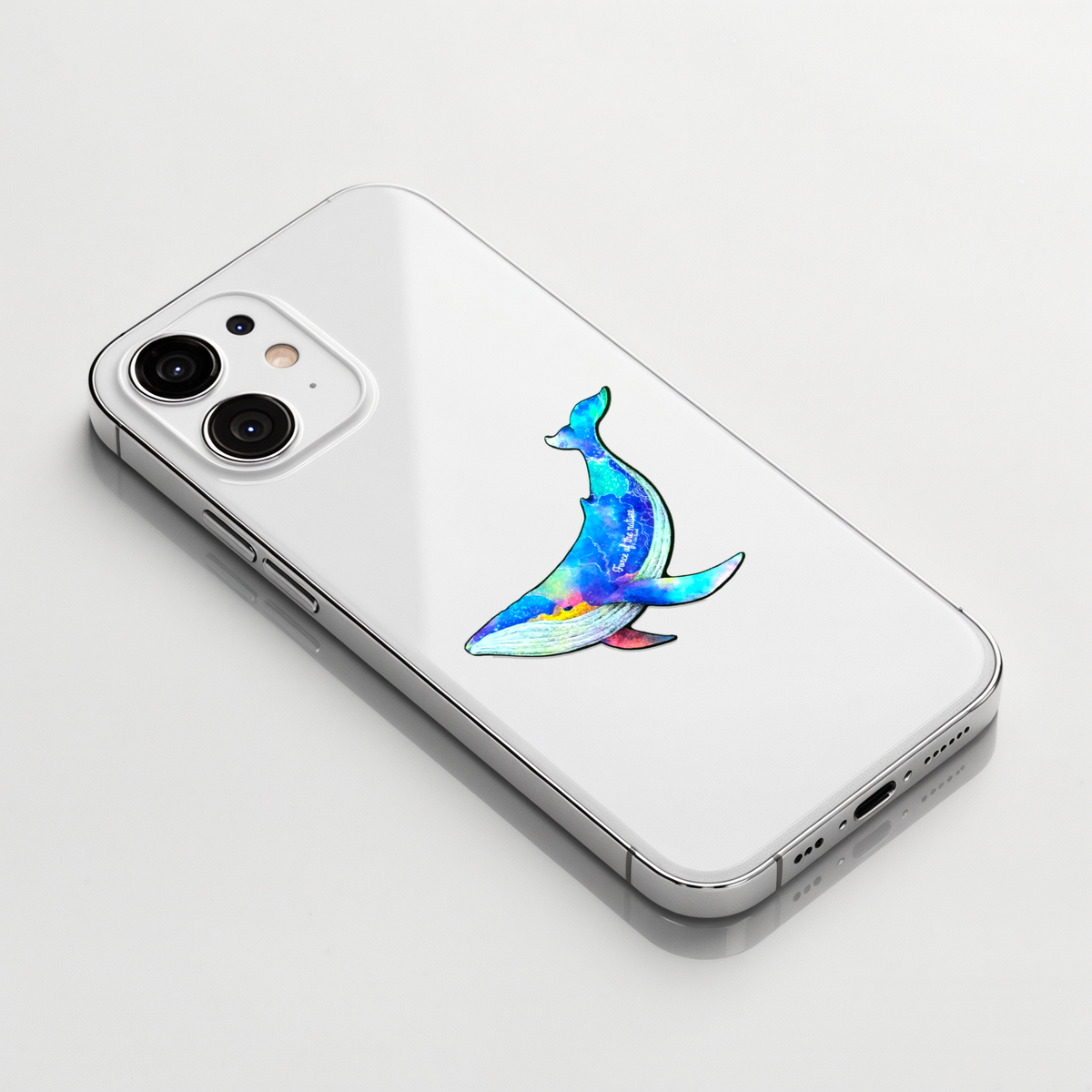 Colorful Whale ✦ B-Side Label Sticker on a white iPhone