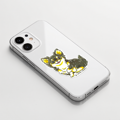 Cute Chihuahua ✦ B-Side Label Sticker on a white iPhone