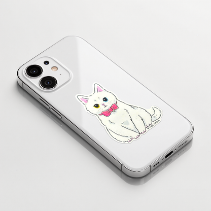 Elegant White Kitten Pink Bow ✦ B-Side Label Sticker on a white iPhone