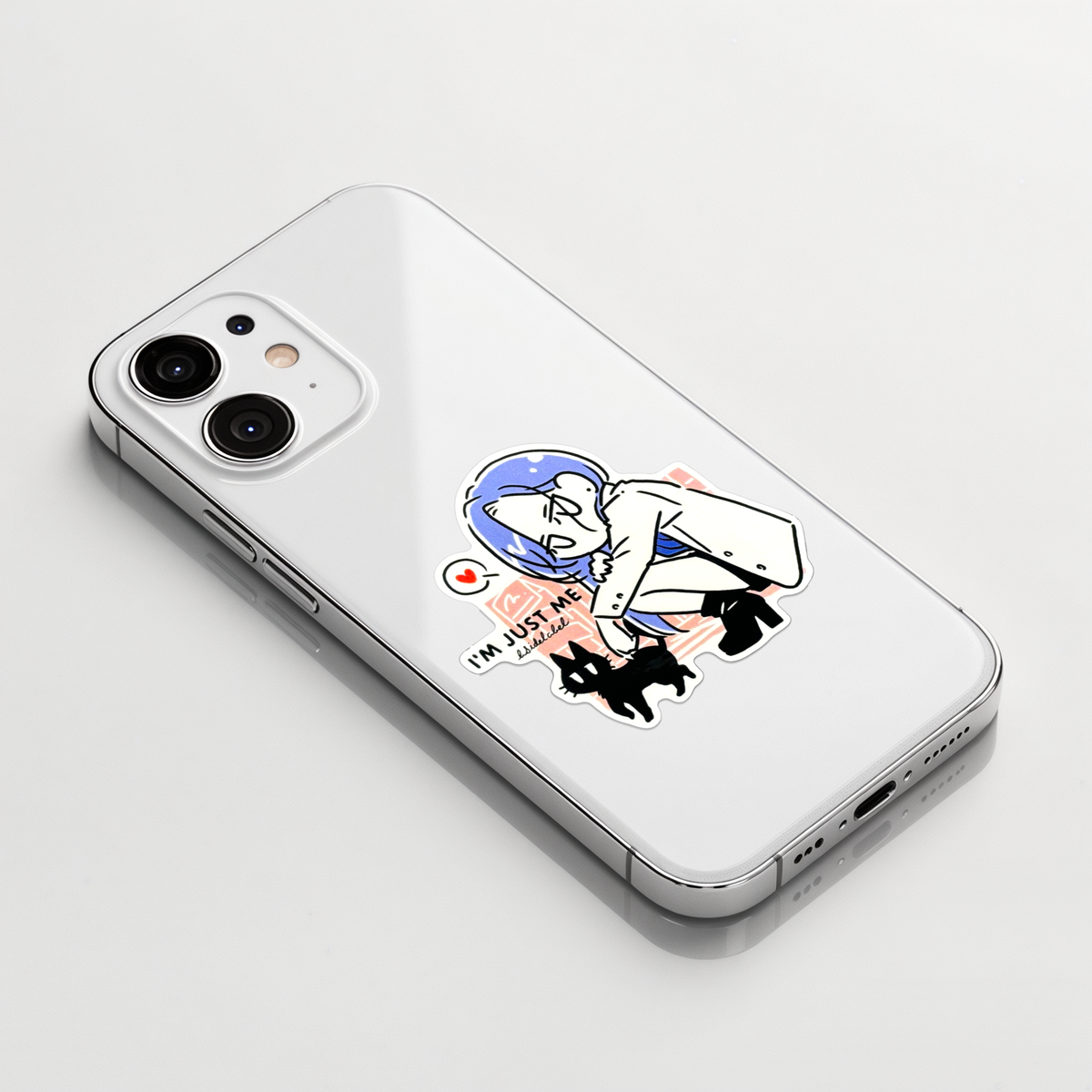 Cute Girl & Cat - Love ✦ B-Side Label Sticker on a white iPhone