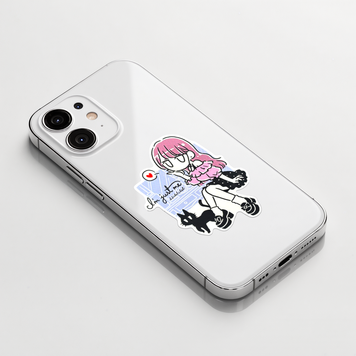 Cute Girl in Pink & Cat - Love ✦ B-Side Label Sticker on a white iPhone